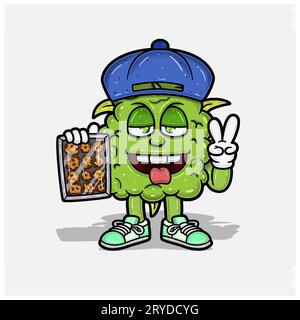 Weed Bud Mascot Cartoon Holding Cookies. For Mascot Logo, Tshirt Design, Business, Cover, Label and Packaging Product. Vector and Illustration. Stock Vector
