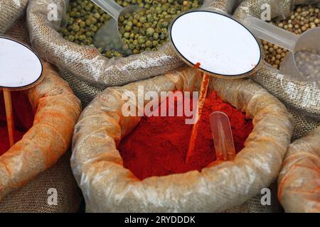 Close up bags of spices with blank price tags Stock Photo