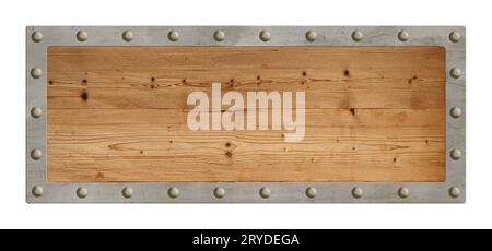 Old blank wooden sign with metal border isolated Stock Photo