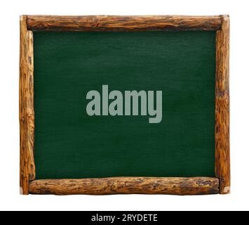 Green chalkboard sign with  wooden log border frame Stock Photo