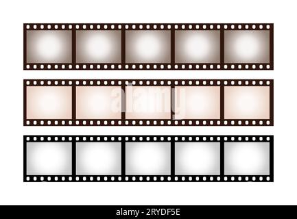Close up three stripes of five frames of classical 35 mm film with shaded vintage toned vignette isolated on white background Stock Photo