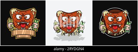 Set Of Beef Steak Mascot Cartoon With Evil Face. For Food, Meat, Barbeque and Beef Logo. Vectors Illustrations. Stock Vector