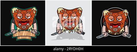 Set Of Beef Steak Mascot Cartoon With Hungry Face, Holding Knife And Fork. For Food, Meat, Barbeque and Beef Logo. Vectors Illustrations. Stock Vector