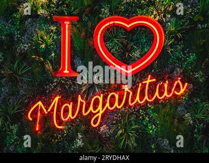A vibrant and colourful red neon sign outside a cocktail bar advertising I Heart Margarita cocktails on a living wall background Stock Photo