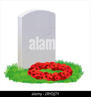 A white marble tombstone in the shape of a cross on green grass, a bouquet of red poppies. On Memorial Day, the grave is decorated with a floral wreat Stock Vector