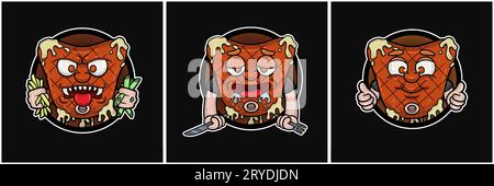 Set Of Beef Steak Mascot Cartoon. Evil, High and Smile Face. Circle Logo. For Food, Meat, Barbeque and Beef Logo. Vectors Illustrations. Stock Vector