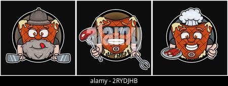 Set Of Beef Steak Mascot Cartoon. Delicious, Cool and Happy Face. Circle Logo. For Food, Meat, Barbeque and Beef Logo. Vectors Illustrations. Stock Vector