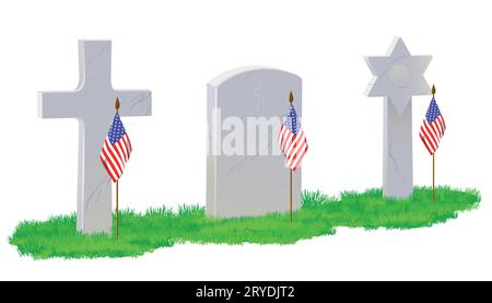 Tombstone, Christian cross Jewish tombstone in the shape of the star of David on the green lawn. Small American flags are laid on the grave in memory Stock Vector