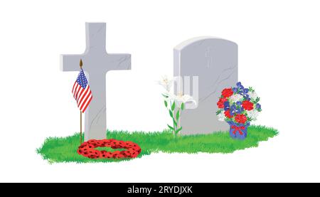 A white marble tombstone and a cross on green grass, a bouquet of red poppies and an American flag. The grave is decorated with a flower wreath. Comme Stock Vector