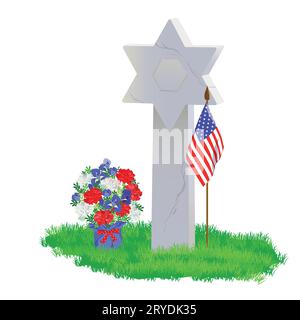 A Jewish tombstone in the shape of the star of David on a green lawn. Small American flags are laid on the grave in memory of the heroes. Memorial Day Stock Vector
