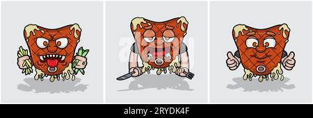 Set Of Beef Steak Mascot Cartoon. Evil, High And Smile Face. For Food, Meat, Barbeque and Beef Logo. Vectors Illustrations. Stock Vector
