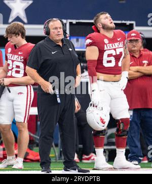 Arlington, Texas, USA. 30th Sep, 2023. Arkansas Head coach SAM PITTMAN looking on in the final minutes of the game. (Credit Image: © Hoss McBain/ZUMA Press Wire) EDITORIAL USAGE ONLY! Not for Commercial USAGE! Stock Photo