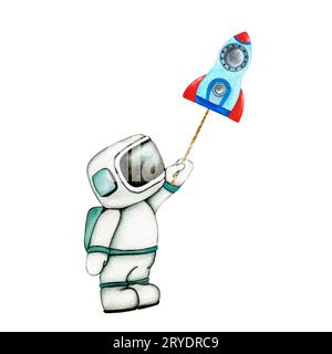 Cute Astronaut and rocket in space isolated on transparent background. Vector Illustration of outer space with stars Stock Vector