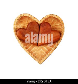 Two brown wooden hearts in bowl isolated on white Stock Photo