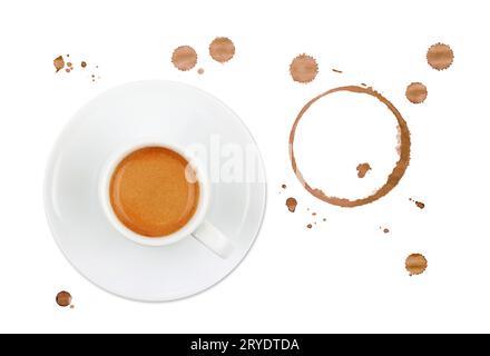 Coffee cup, stains and drops on white background Stock Photo