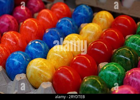 Close up painted Easter eggs in tray carton Stock Photo