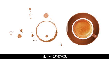 Coffee cup, stains and drops on white background Stock Photo