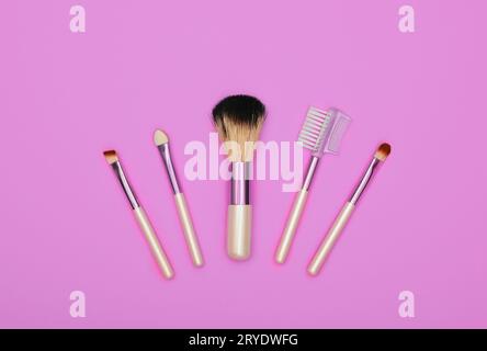 Set of different makeup brushes over pink Stock Photo