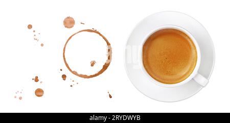 Coffee cup, stains and drops on white background Stock Photo