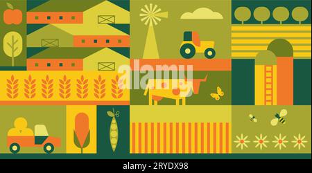 Geometric organic farm and agriculture design vector illustration. Cartoon eco minimal banner with square pattern, vegetable, wheat on agro field, farmers tractor in trendy rectangle presentation Stock Vector