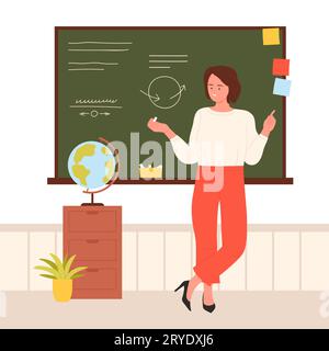 Geography teacher teaching students at school lesson vector illustration. Cartoon young happy woman standing near board with Earth globe in modern classroom, holding chalk to write on chalkboard Stock Vector