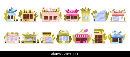 Flower shops set vector illustration. Cartoon isolated store exteriors collection, front street view of modern and old romantic buildings with windows and doors on facade, Flowers sign above entrance Stock Vector