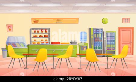 School canteen interior vector illustration. Cartoon dining room of university campus cafeteria with empty tables and chairs, cake dessert counter and vending machine with drinks, food menu on wall Stock Vector