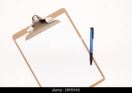 Blank clipboard mock up and pen isolated on white background. White notepad Stock Photo