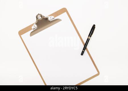 Blank clipboard mock up and pen isolated on white background. White notepad Stock Photo