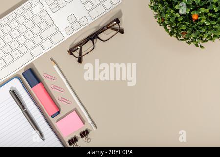 Top View of Workspace with some office supplies Stock Photo