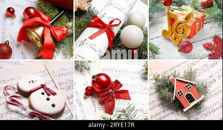 Christmas collage with music sheets, notes, gift and decor Stock Photo