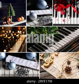 Christmas collage with music sheets, grand piano and decor Stock Photo