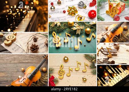 Christmas collage with music sheets, notes, grand piano, violin and decor Stock Photo