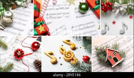 Christmas collage with music sheets, notes and decor Stock Photo