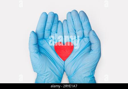 Hands in medical gloves holding a red heart shape model on white background Stock Photo