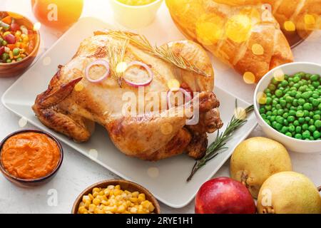Tasty baked turkey and other dishes for Thanksgiving day on white table Stock Photo