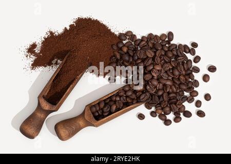 Roasted coffee beans and coffee ground isolated Stock Photo