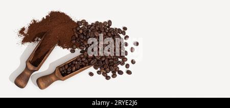 Roasted coffee beans and coffee ground isolated on white Stock Photo