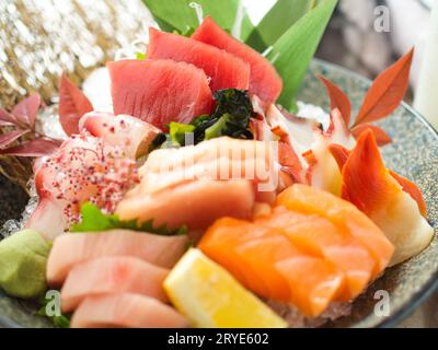 Large bowl of colorful assorted sashimi chirashi at Japanese restaurant. Stock Photo