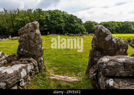 Stone entrance in Remains of Din Lligwy, or Din Llugwy ancient village, Near Moelfre, Anglesey, North Wales, UK, landscape Stock Photo