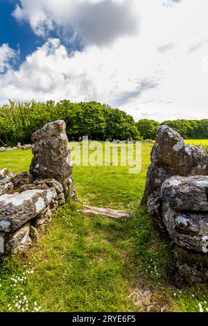 Stone entrance in Remains of Din Lligwy, or Din Llugwy ancient village, Near Moelfre, Anglesey, North Wales, UK, portrait. Stock Photo