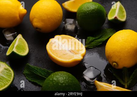 Ingredients for preparing lemonade on black background Stock Photo