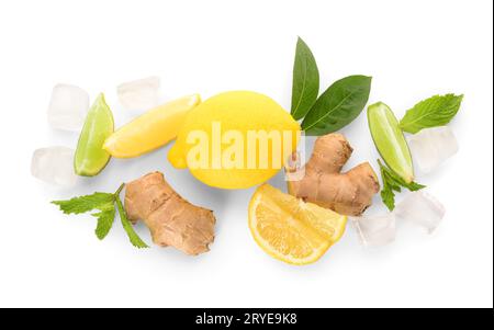 Ingredients for preparing lemonade on white background Stock Photo