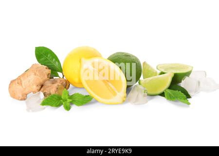 Ingredients for preparing lemonade on white background Stock Photo