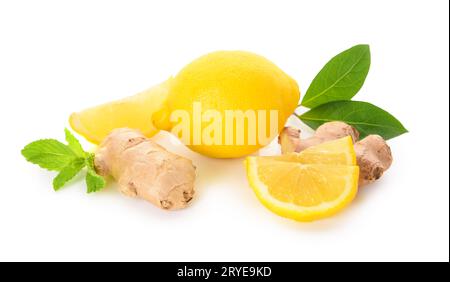 Ingredients for preparing lemonade on white background Stock Photo