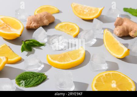 Ingredients for preparing lemonade on white background Stock Photo