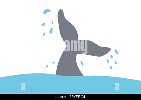 Whale tail above ocean water with many drops around, vector illustration Stock Vector