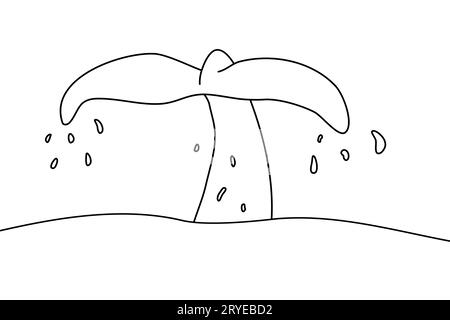 Whale tail above ocean water, many drops around, doodle style flat vector outline illustration for kids coloring book Stock Vector