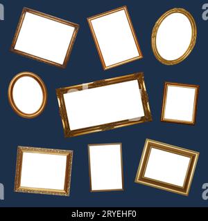Pattern of empty golden picture frames on blue Stock Photo
