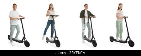 Man and woman with electric kick scooter isolated on white. Set of photos Stock Photo